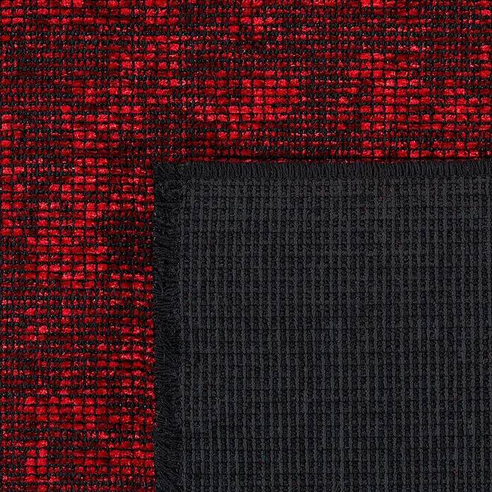 Flachgewebeteppich Space - Rot, 230 x 160 cm, 84 % Baumwolle, 16 % Polyester - Nahaufnahme eines roten und schwarzen Teppichs, der seine Textur und Verarbeitung zeigt.