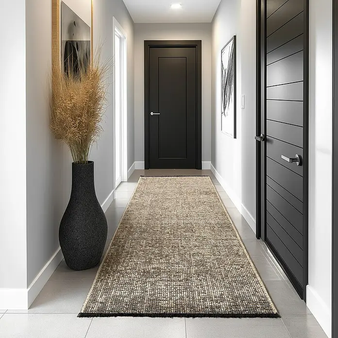 Flachgewebeteppich Space - Beige, 250 x 80 cm, 84 % Baumwolle, 16 % Polyester - Ein langer Läuferteppich in natürlichen Farben ziert einen modern gestalteten Flur mit dunklen Türen und minimalistischer Dekoration.