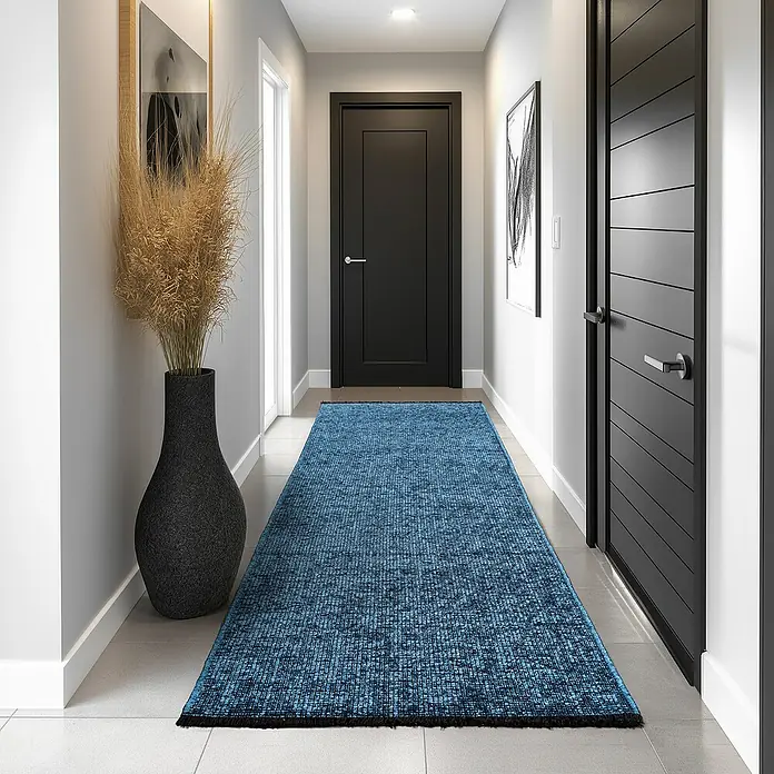 Flachgewebeteppich Space - Blau, 150 x 80 cm, 84 % Baumwolle, 16 % Polyester - Ein blauer Teppichläufer liegt in einem Flur mit dunklen Türen und einer großen Vase. Der Teppich ist der zentrale Blickfang im Raum.