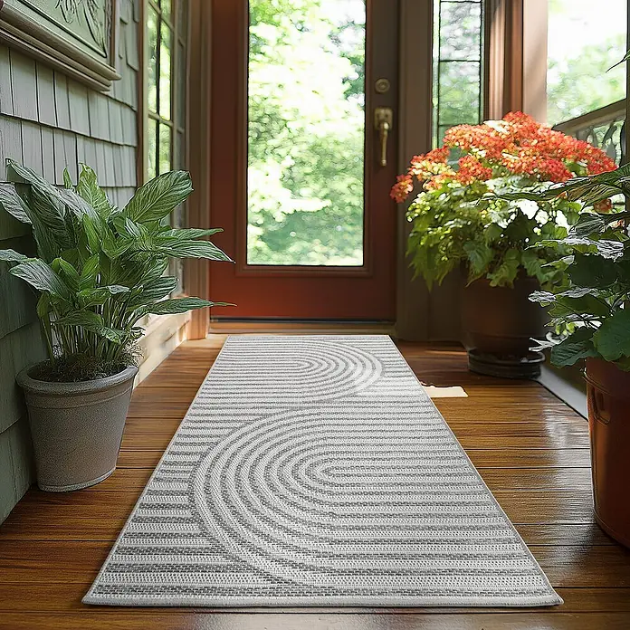 Outdoor-Teppich Desert 1301 - Grau, 150 x 80 cm, 100 % Polypropylen - Grauer Outdoor-Teppich mit modernem Kreisdesign für Eingangsbereiche, der Stil und Funktionalität vereint.