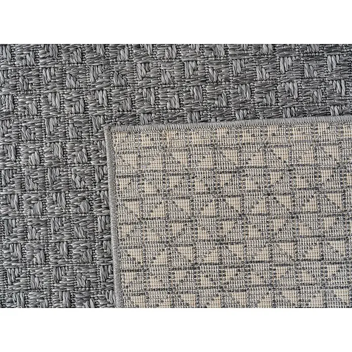 Outdoor-Teppich Ibiza II - Grau, 370 x 280 cm, 100 % Polypropylen - Detailaufnahme eines stilvollen Teppichs mit elegantem Webmuster in Grau und Beige, das jedem Raum eine moderne Note verleiht.