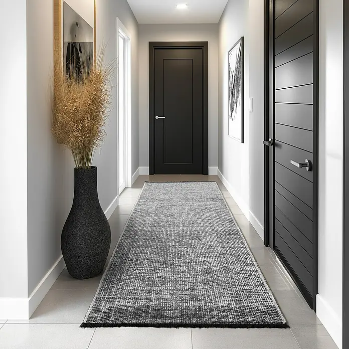 Flachgewebeteppich Space - Grau, 150 x 80 cm, 84 % Baumwolle, 16 % Polyester - Ein langer, grauer Läufer mit einem dezenten Muster liegt in einem hellen Flur, der eine einladende und stilvolle Atmosphäre schafft.
