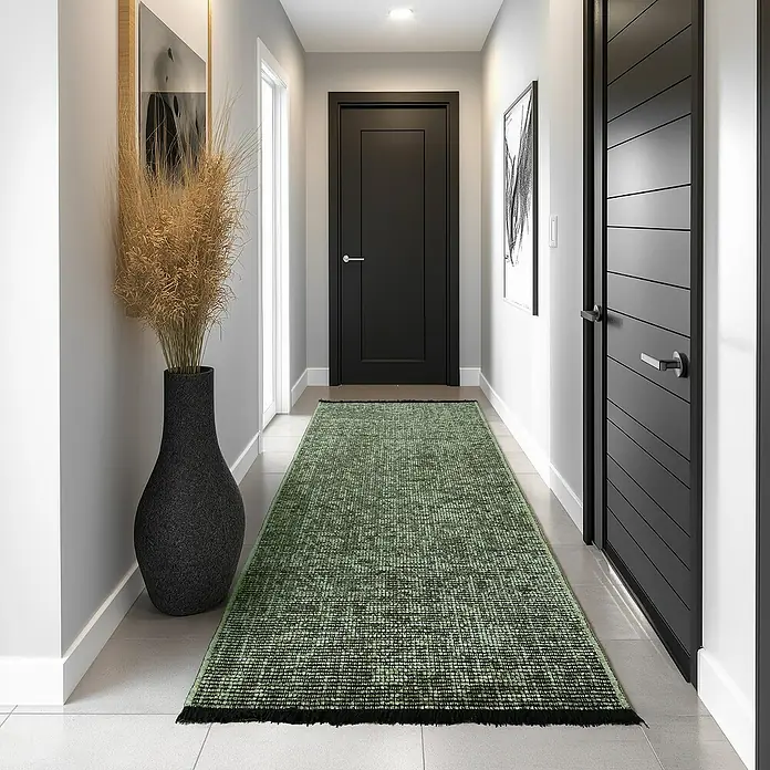 Flachgewebeteppich Space - Grün, 250 x 80 cm, 84 % Baumwolle, 16 % Polyester - Ein grüner Teppichläufer liegt in einem Flur mit grauen Wänden, schwarzen Türen und einer großen Vase.