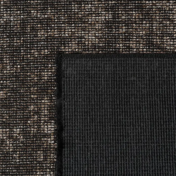 Flachgewebeteppich Space - Braun, 200 x 140 cm, 84 % Baumwolle, 16 % Polyester - Nahaufnahme eines Teppichs mit einem komplexen, texturierten Muster und einer soliden, dunklen Unterseite.