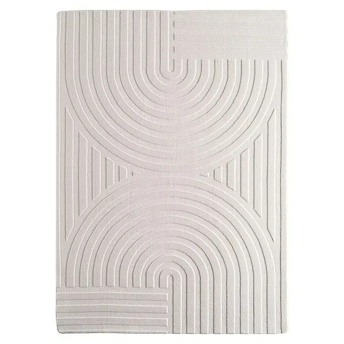 Kurzflorteppich Pompei 1611 - Creme, 150 x 80 cm, 100 % Polyester - Strukturierte weiße Wandkunst mit geometrischen Formen. Abstraktes Design für moderne Innenräume, das eine subtile Eleganz bietet.