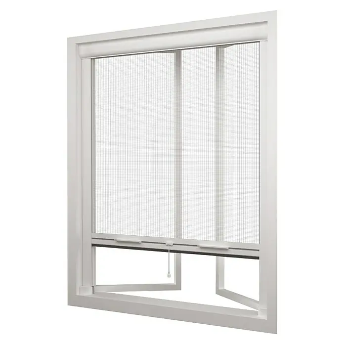 Mosquitera para ventana Elite - An x Al: 140 x 140 cm, Montaje de la mosquitera: Inserción, Color bastidor: Blanco - Se muestra una ventana blanca con una mosquitera retráctil, que ofrece una vista clara al exterior mientras mantiene alejados a los insectos.