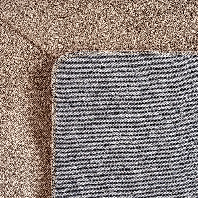 Kurzflorteppich Pompei 1613 - Beige, 230 x 160 cm, 100 % Polyester - Detailaufnahme eines Teppichs mit beiger Oberfläche und einer grauen Unterseite mit feiner Webstruktur und abgerundeten Ecken.