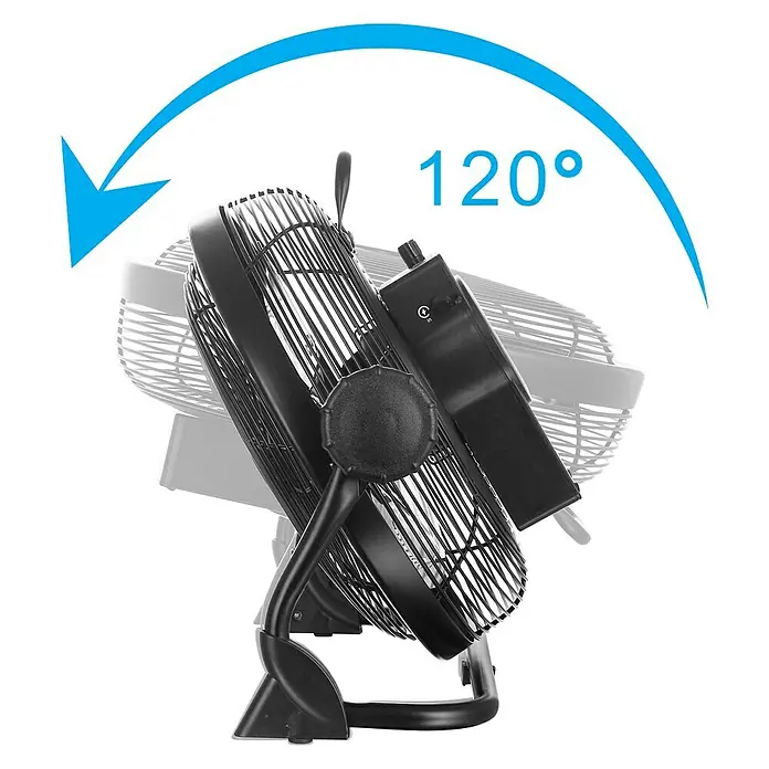 PR Klima Ventilador de suelo - Negro, 30 cm - La imagen muestra un ventilador negro con una marca azul que indica una rotación de 120 grados.