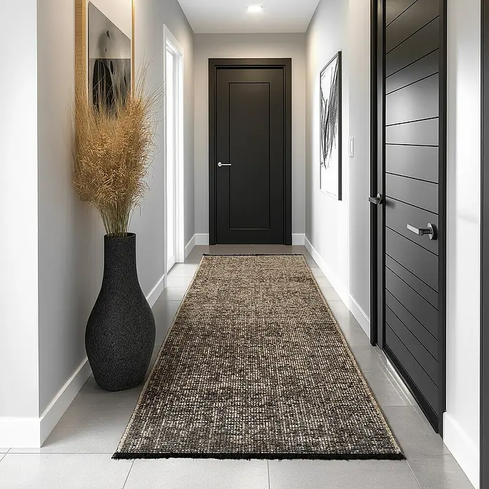 Flachgewebeteppich Space - Braun, 150 x 80 cm, 84 % Baumwolle, 16 % Polyester - Ein langer Teppich mit einem unregelmäßigen Muster in einem Flur, der den Raum optisch verlängert und für Wärme sorgt.