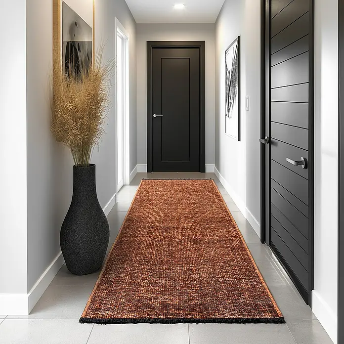Flachgewebeteppich Space - Kupfer, 150 x 80 cm, 84 % Baumwolle, 16 % Polyester - Ein langer, gemusterter Läufer in warmen Farbtönen ziert einen eleganten Flur mit dunklen Türen und stilvoller Dekoration.