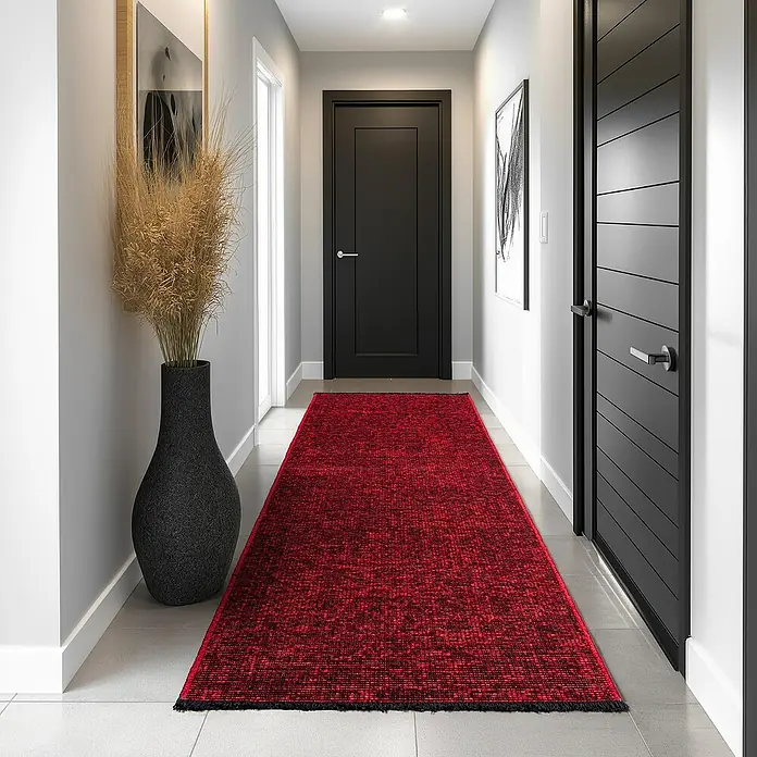 Flachgewebeteppich Space - Rot, 150 x 80 cm, 84 % Baumwolle, 16 % Polyester - Ein roter Teppichläufer ziert einen hellen Flur mit grauen Wänden und schwarzen Türen.