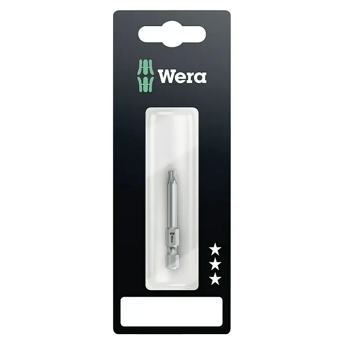 Wera Bit Premium 867/4 - TX 25, 50 mm - Eine einzelne Wera Torx-Bit in einer transparenten Kunststoffverpackung mit schwarzem Hintergrund und Wera-Branding.