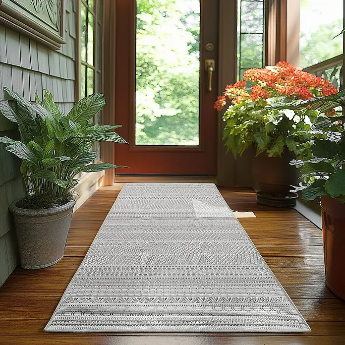 Outdoor-Teppich Desert 1303 - Grau, 250 x 80 cm, 100 % Polypropylen - Dieser Eingangsbereich präsentiert einen eleganten, gemusterten Teppich, der den Raum aufwertet und gleichzeitig den Boden schützt.