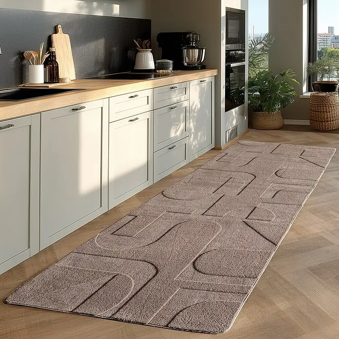 Kurzflorteppich Pompei 1614 - Beige, 250 x 80 cm, 100 % Polyester - Moderner Küchenläufer in Braun mit geometrischem Muster. Ideal für stilvolle Küchenböden und zusätzlichen Komfort beim Kochen.
