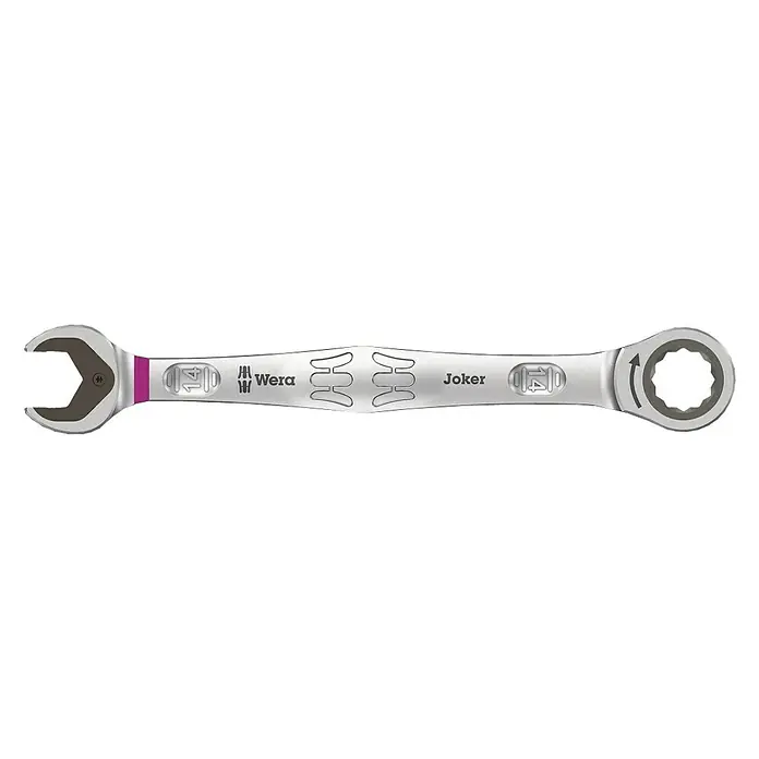 Wera Ringmaulschlüssel Joker - 14 mm - Ein silberner Wera Joker Ratschenschlüssel mit offenem Maul und Ringmaulschlüssel an jedem Ende. Ideal für viele Reparaturen.