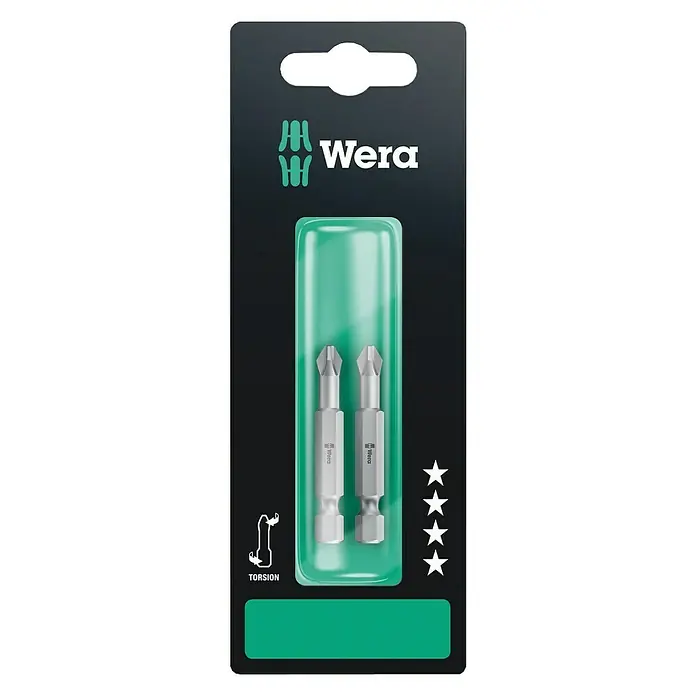 Wera Classic Bit 851/4 Torsion - PH 2, 2 -tlg. - Zwei Wera Bits im Blisterpack. Ideal für Schraubarbeiten mit hoher Präzision und langer Lebensdauer durch Torsionszone.