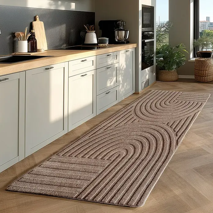 Kurzflorteppich Pompei 1611 - Beige, 150 x 80 cm, 100 % Polyester - Ein moderner Läufer in Beige liegt in einer Küche mit hellen Schränken und Holzboden. Das Muster des Läufers ist geometrisch und stilvoll.