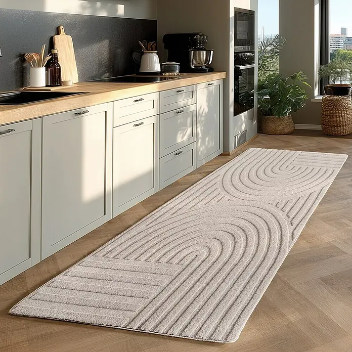 Kurzflorteppich Pompei 1611 - Creme, 150 x 80 cm, 100 % Polyester - Küche mit stilvollem Läufer in sanften Farben und modernem Design.