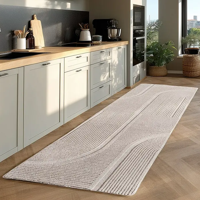 Kurzflorteppich Pompei 1612 - Creme, 150 x 80 cm, 100 % Polyester - Dieser Küchenläufer in Beige mit modernem Design erstreckt sich elegant im Raum. Er verleiht der Küche eine warme und stilvolle Note.