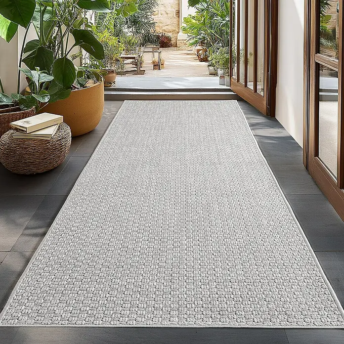Outdoor-Teppich Ibiza III - Grau, 150 x 80 cm, 100 % Polypropylen - Ein grauer Läuferteppich mit gewebter Textur liegt auf einem dunklen Steinboden in einem hellen, grünen Raum.