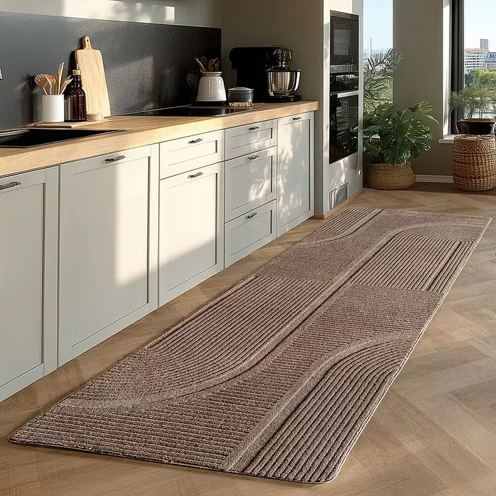Kurzflorteppich Pompei 1612 - Beige, 150 x 80 cm, 100 % Polyester - Moderner Küchenläufer in Braun mit geradlinigem Design. Perfekt für stilvolle Akzente und Komfort in der Küche.