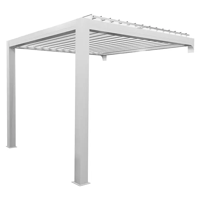 Solid Elements Pergola - L x T: 400 x 341 cm, Weiß, Weiß - Bild einer weißen Pergola mit rechteckigen Stützen und einem Lamellendach. Sie ist für den Außenbereich geeignet.