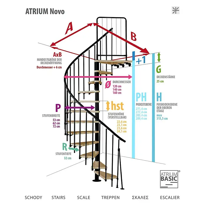 Atrium Spindeltreppe Novo - Farbton Metall: RAL 9006, Durchmesser: 140 cm, Buche, Geschosshöhe: 271,4 cm - 313,5 cm - Abbildung einer Atrium Novo Wendeltreppe mit Maßangaben zu Höhe, Durchmesser und Stufen.
