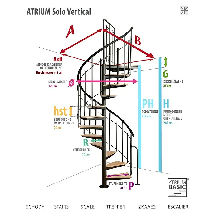 Atrium Spindeltreppe Solo Vertical - Farbton Metall: RAL 9005, Durchmesser: 120 cm, Stahl, Buche, Geschosshöhe: 264 cm - 286 cm - Illustration der ATRIUM Solo Vertical Treppe mit Maßangaben zu Durchmesser, Höhe und Stufenbreite.