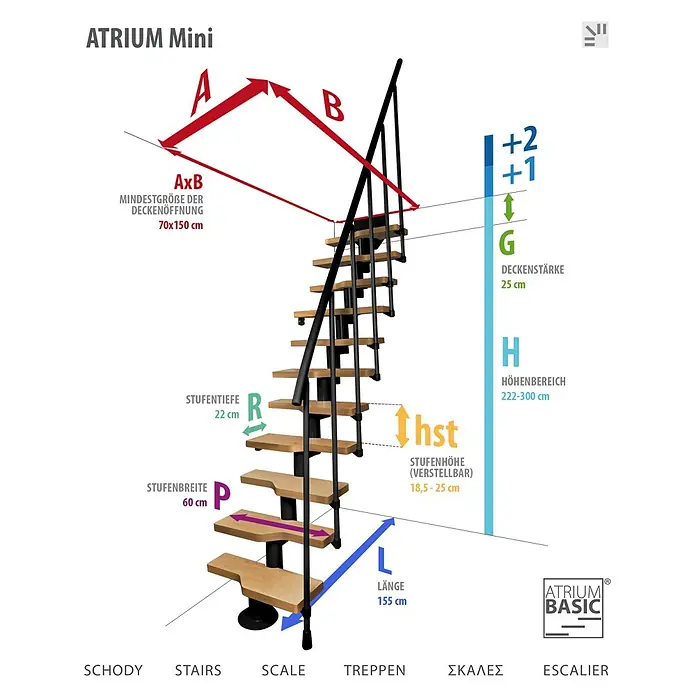 Atrium Raumspartreppe Mini - Farbton Metall: RAL 9005, Breite: 60 cm, Buche, Geschosshöhe: 222 cm - 300 cm - Abbildung der ATRIUM Mini Raumspartreppe mit Bemaßung für Einbau und Nutzung.