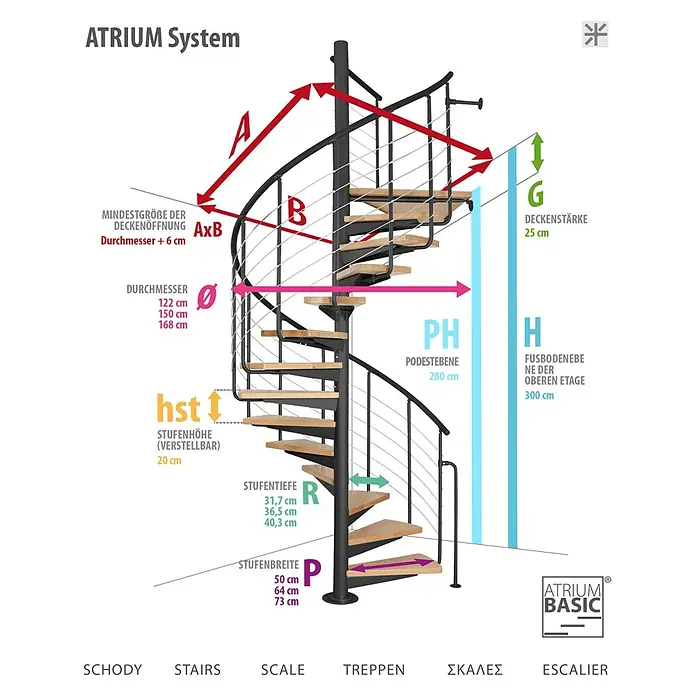 Atrium Spindeltreppe System - Farbton Metall: RAL 9006, Durchmesser: 168 cm, Buche, Geschosshöhe: 280 cm - 300 cm - Abbildung einer ATRIUM BASIC Wendeltreppe mit Maßangaben zu Stufenbreite, Höhe und Durchmesser für eine einfache Installation.