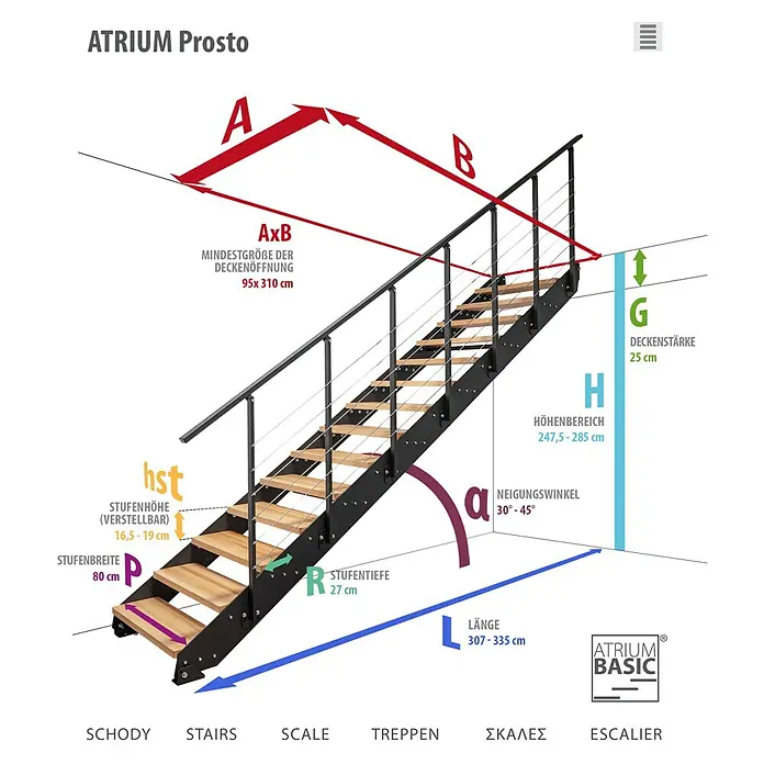 Atrium Wangentreppe Prosto - Farbton Metall: RAL 9006, Breite: 80 cm, Buche, Geschosshöhe: 274,5 cm - 285 cm - Die ATRIUM Prosto Treppe ist dargestellt mit ihren Maßen für Montage und Einbau.
