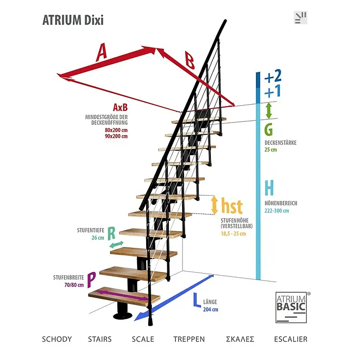 Atrium Mittelholmtreppe Dixi - Farbton Metall: RAL 9005, Breite: 70 cm, Buche, Gerade, Geschosshöhe: 222 cm - 300 cm - Produktbild der ATRIUM Dixi Raumspartreppe mit Maßangaben zu Stufenhöhe, Länge und Deckenstärke.