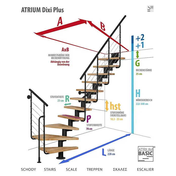 Atrium Mittelholmtreppe Dixi Plus - Farbton Metall: RAL 9006, Breite: 70 mm, Buche, 1/4-gewendelt, Geschosshöhe: 222 cm - 300 cm - Produktdetails des Atrium Dixi Plus Treppensystems mit Maßen und Spezifikationen für Planung und Installation.