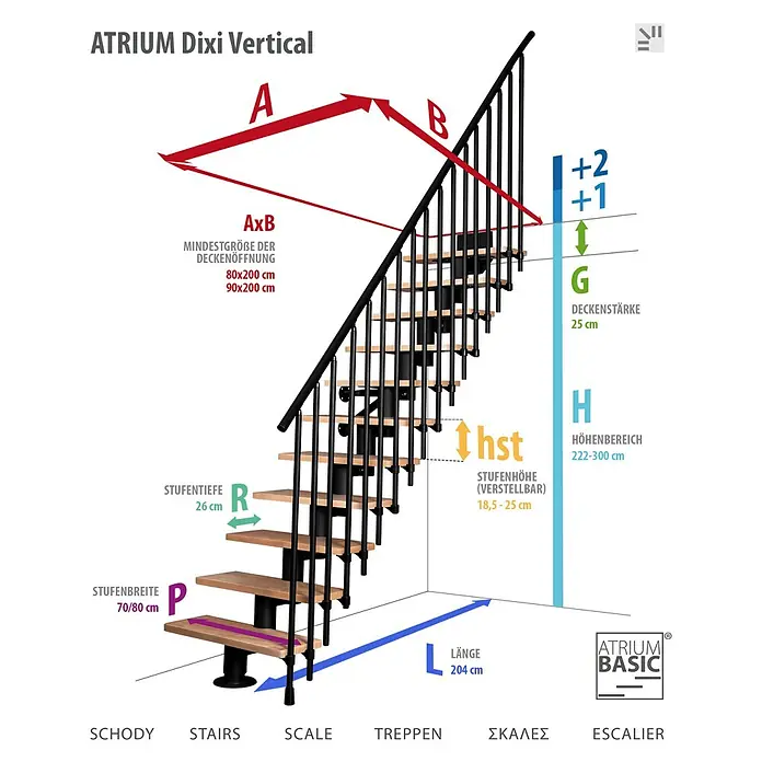 Atrium Mittelholmtreppe Dixi Vertical - Farbton Metall: RAL 9006, Breite: 80 cm, Buche, Gerade, Geschosshöhe: 222 cm - 300 cm - Abmessungen der ATRIUM Dixi Vertical Raumspartreppe. Die Treppe ist aus Holz und Metall gefertigt.