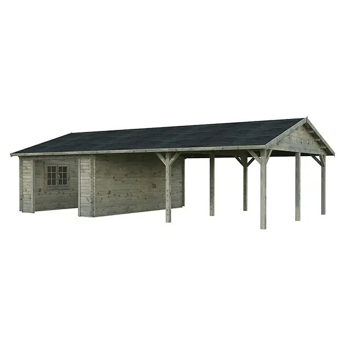 Palmako Garage Roger - Außenmaß inkl. Dachüberstand (B x T): 1.006 x 619 cm, Grau, Holz, 19 m², Ohne Tor - Dieses Bild zeigt ein Gartenhaus mit einer überdachten Veranda, ideal für Entspannung im Freien, bietet Schutz vor Sonne und Regen.