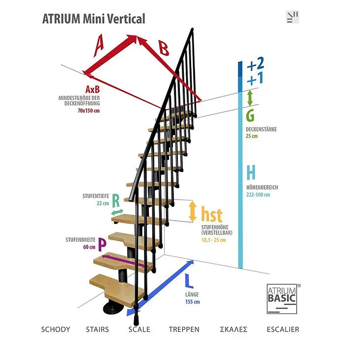 Atrium Raumspartreppe Mini Vertical - Farbton Metall: RAL 9006, Breite: 60 cm, Buche, Geschosshöhe: 222 cm - 300 cm - ATRIUM Mini Vertical Treppe: Platzsparende Wendeltreppe mit variabler Höhe und Stufentiefe, ideal für kleine Räume.