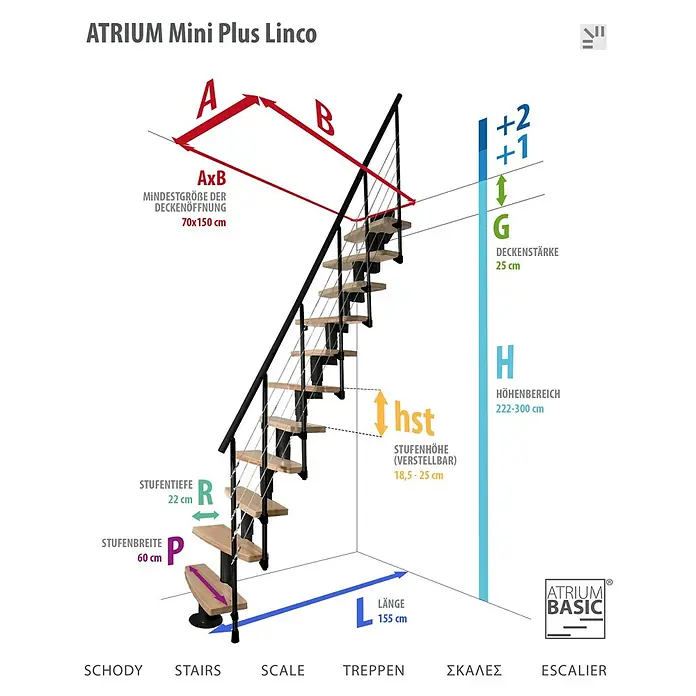 Atrium Raumspartreppe Mini Plus Linco - Farbton Metall: RAL 9005, Breite: 60 cm, Buche, Geschosshöhe: 222 cm - 300 cm - Abmessungen der ATRIUM Mini Plus Linco Treppe mit Angaben zu Stufenbreite, -tiefe und Deckenstärke für eine optimale Raumplanung.