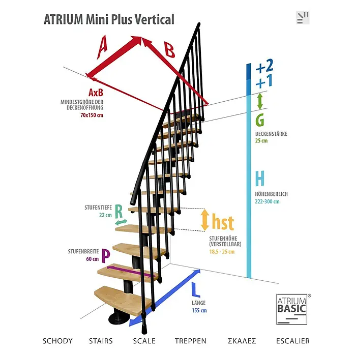 Atrium Raumspartreppe Mini Plus Vertical - Farbton Metall: RAL 9005, Breite: 60 cm, Buche, Geschosshöhe: 222 cm - 300 cm - Abmessungen der ATRIUM Mini Plus Vertical Treppe, mit Details zu Stufenbreite, -tiefe und Deckenstärke.