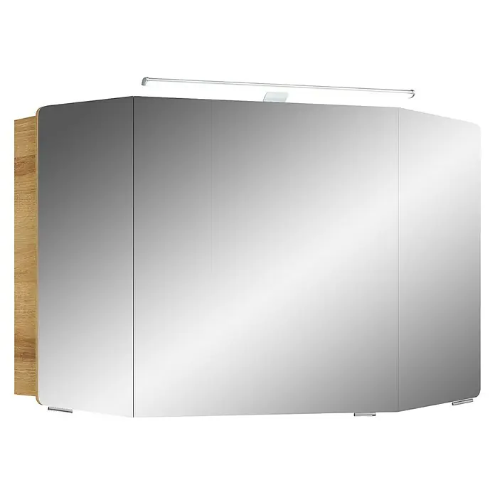 Pelipal Cassca LED-Spiegelschrank - B x H: 100 x 67 cm, Eiche - Ein Badezimmerschrank mit Spiegeltüren und einer Holzseitenwand sowie einer Lampe, die sich über dem Schrank befindet.