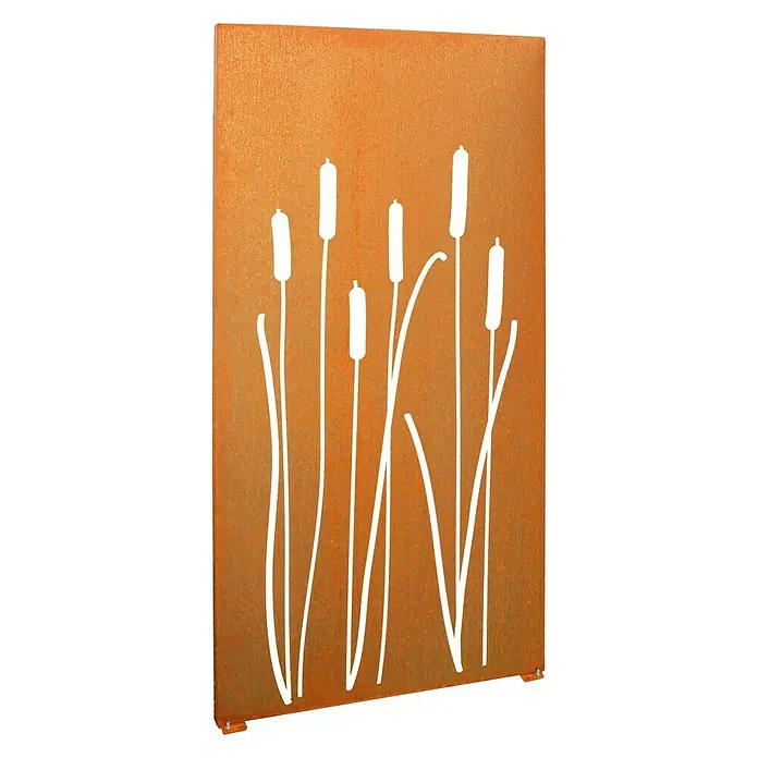 Palatino Space Vertical Sichtschutzelement Litore - 87 x 180 cm, Edelrost, Litore - Rostfarbene Metallplatte mit ausgeschnittenem Schilfdesign für den Außenbereich.