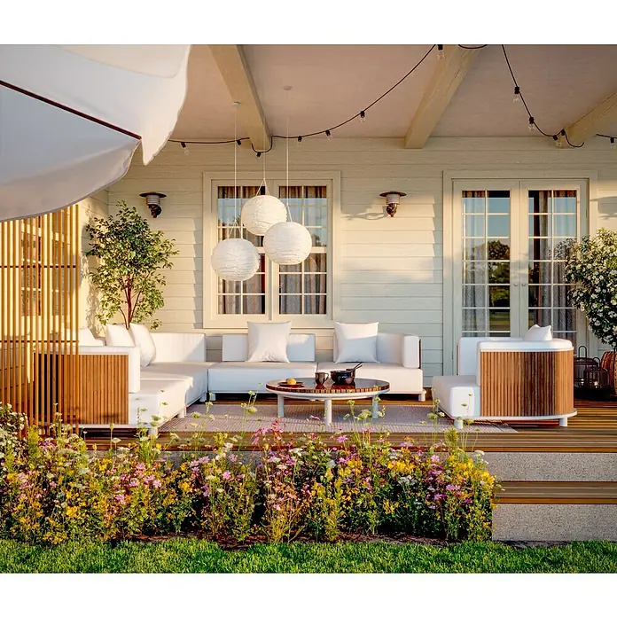Sunfun Loungemöbel-Set - 7 -tlg., Aluminium, Textil, Champagner/Holz - Elegante Terrassengestaltung mit weißen Sofas, Holzelementen und sanfter Beleuchtung. Der Außenbereich lädt zum Entspannen und Genießen ein.