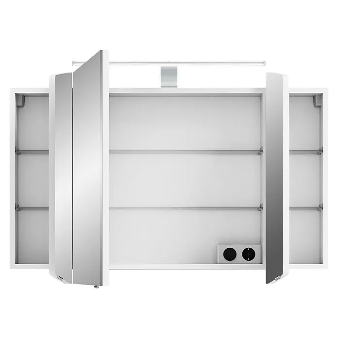 Pelipal Cassca LED-Spiegelschrank - B x H: 100 x 67 cm, Weiß Hochglanz - Ein dreitüriger Spiegelschrank mit Beleuchtung und Steckdose bietet praktischen Stauraum im Badezimmer. Die Regalböden sind höhenverstellbar.