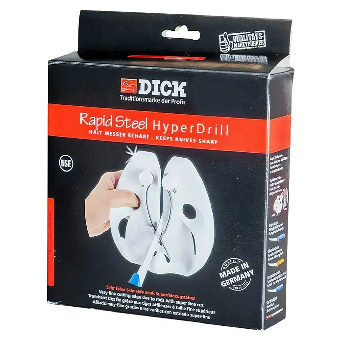 Dick Messerschärfer Hyper Drill - Edelstahl, 19 x 19 x 4 cm - Die Verpackung des Rapid Steel HyperDrill Messerschärfers von Dick, bekannt für scharfe Messer.