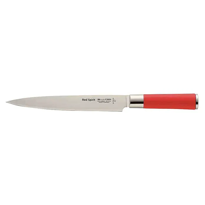 Dick Red Spirit Tranchiermesser - Stahl, Länge: 34,9 cm - Das Foto zeigt ein Kochmesser der Marke Red Spirit mit rotem Griff, ideal für den täglichen Gebrauch. Aus hochwertigem, rostfreiem Stahl gefertigt.
