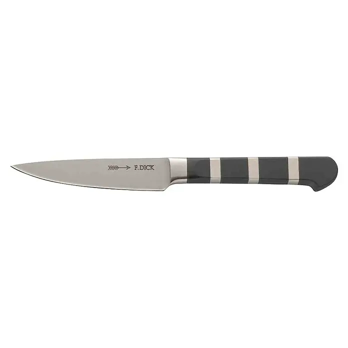 Dick 1905 Küchenmesser - Stahl, Länge: 19,3 cm - Nahaufnahme eines F. Dick Messers mit silberner Klinge und einem gestreiften schwarzen Griff.