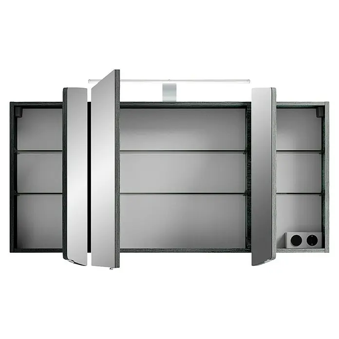 Pelipal Cassca LED-Spiegelschrank - B x H: 120 x 67 cm, Graphit - Eleganter Spiegelschrank mit Holzrahmen und Innenregalen. Das moderne Design bietet praktischen Stauraum für Badezimmerutensilien.