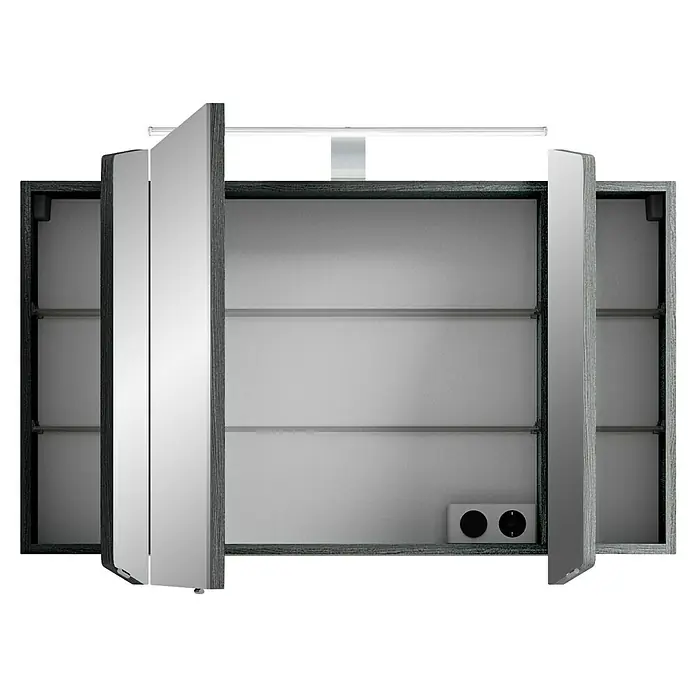 Pelipal Cassca LED-Spiegelschrank - B x H: 100 x 67 cm, Graphit - Ein grauer Spiegelschrank mit drei Fächern und zwei leicht geöffneten Spiegeltüren. Die Fächer sind leer und gut beleuchtet.