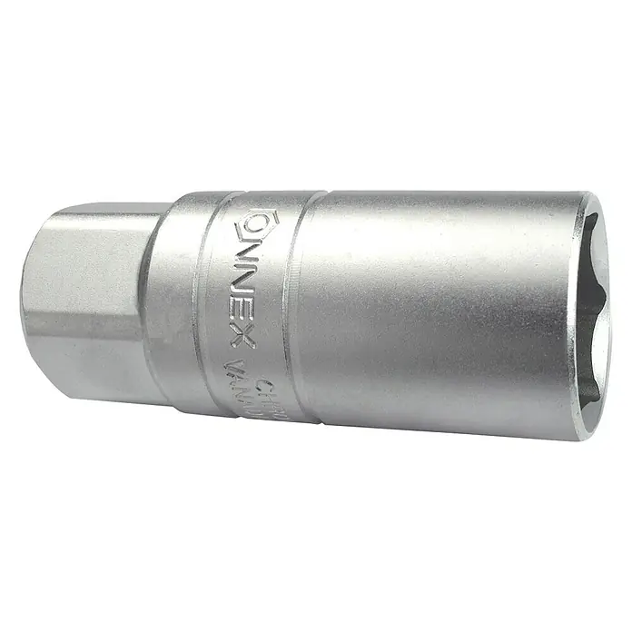 Connex Inserto para llaves de vaso de bujía - Ancho de llave: 21 mm, Largo: 67 mm, Acero al cromo vanadio - Primer plano de una llave de vaso de acero al cromo vanadio de Connex, ideal para trabajos de taller.
