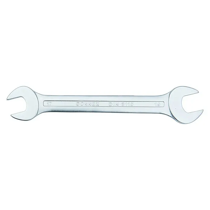 Connex Llave fija de doble boca - Ancho de llave: 17 mm - 19 mm - Llave fija doble plateada Connex DIN 3110 con medidas 17 y 19, ideal para diversas tareas de atornillado en talleres y manualidades.