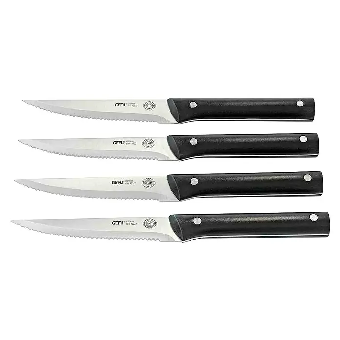 Dick Steakmesser-Set BBQ - 4 -tlg., Stahl, Länge: 26 cm - Nahaufnahme von vier Steakmessern mit Wellenschliff und schwarzen Griffen der Marke GEFU.